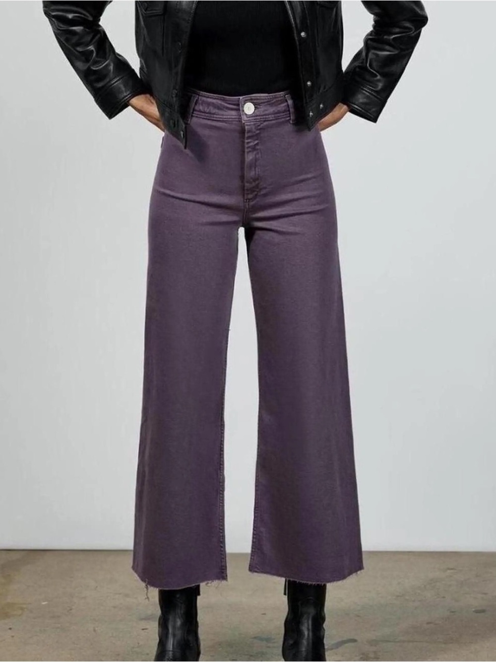 Zara Marine High Rise Wide-Leg Cropped Jeans in Mauve Raw Hem 90’s Boho Chic 2